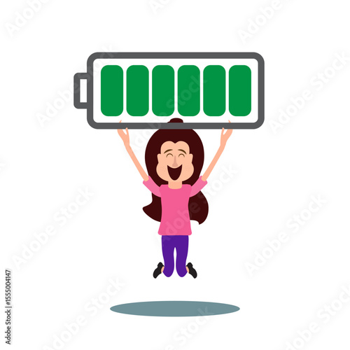 woman carrying full rechargeable battery. Full battery recharge concept, positive energy, having motivation to work.