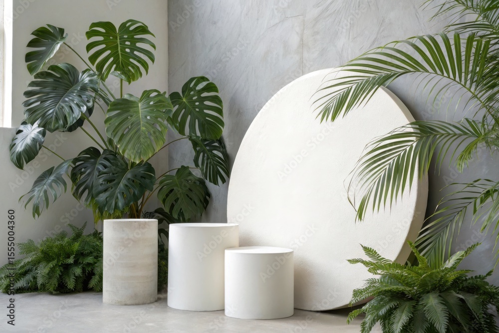 Tropical greenery and minimalist pedestals in a modern interior setting Tropical greenery and minimalist pedestals in a modern interior setting