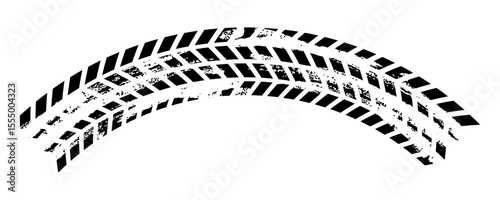 Grunge tire track, wheel braking marks. Truck, car or motorcycle tread pattern silhouette. Auto race, motorsport, speed racing design element. Vector illustration