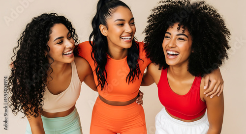 Three Smiling Women in Athletic Wear Embracing on Beige Background