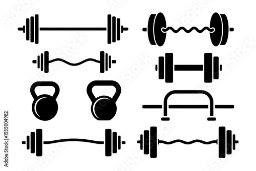 Set of Gym Equipment Silhouettes. Dumbbells, Barbells, Kettlebells, and Fitness Bars Icons