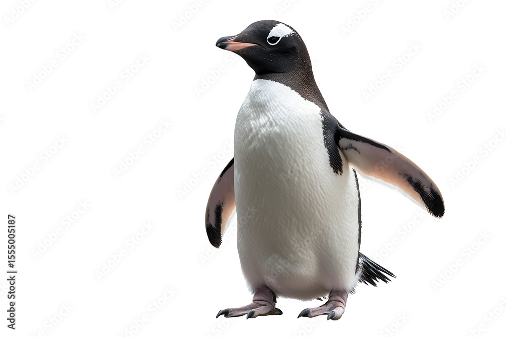Fototapeta premium Penguin standing proudly on a transparent background, showcasing distinctive black and white plumage and a charming expression while appearing ready for adventure in its natural habitat