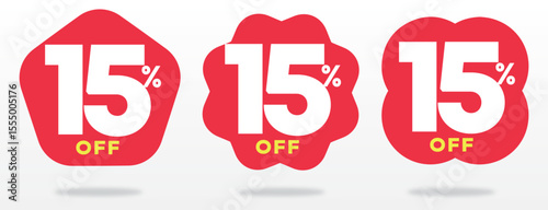 15% off, marketing, promo, price, advertising, offer, ticker, special, shop, label, tag, store, red, store, retail. Set, vector, icon