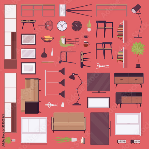 Furniture items, decor for comfy living room home objects pack. Decorating studio, sleeping and work area to create functional styling zone in small apartment. Vector illustration on red background