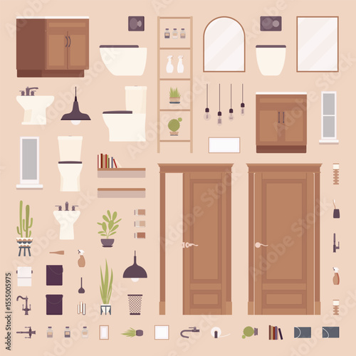 Water closet toilet room furniture items, decor home objects pack. Stylish bathroom set and lavatory storage, modern apartment wc zone planning and designing. Vector illustration on beige background