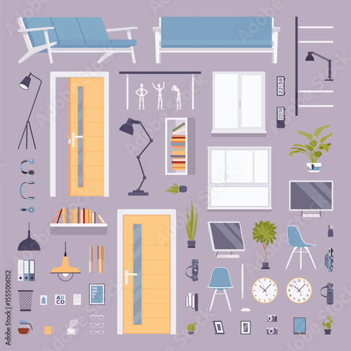 Private home office, coworking space furniture decor, home objects pack. Workplace management, home, apartment, house design to inspire work, study productivity. Vector illustration, beige background