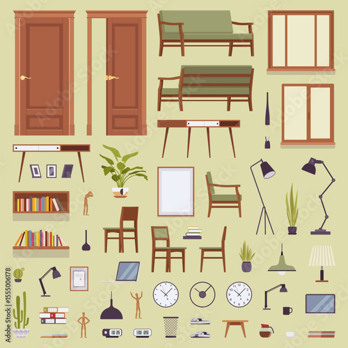 Functional, comfortable office, coworking space furniture decor, home objects pack. Creative studio planning idea, living, inviting home, apartment decor. Vector illustration on light green background