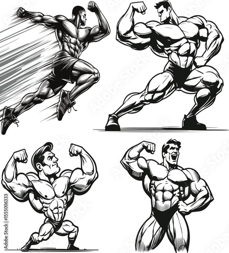 Four black and white illustrations of muscular men