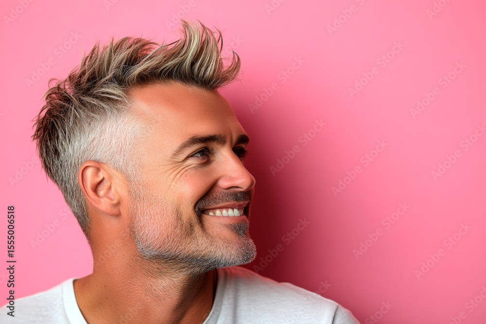 Fototapeta premium Concept of style for aging men. Chic men's slick back with fade haircut - midlife white man with blond hair. A strong and confident man with an engaging smile. Pink solid background.
