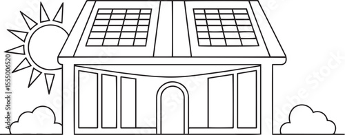 continuous line drawing of modern house with solar panels and sunburst, black and white eco home illustration