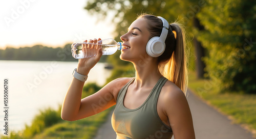 Woman drinking water after workout outdoors wearing headphones