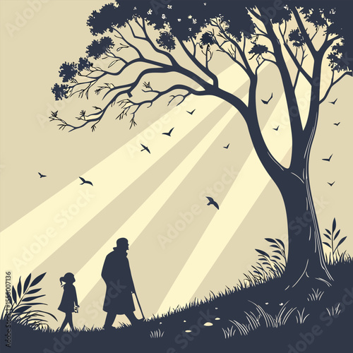 Nature scene with tree and fullmoon at night and Digital art moon and tree and man