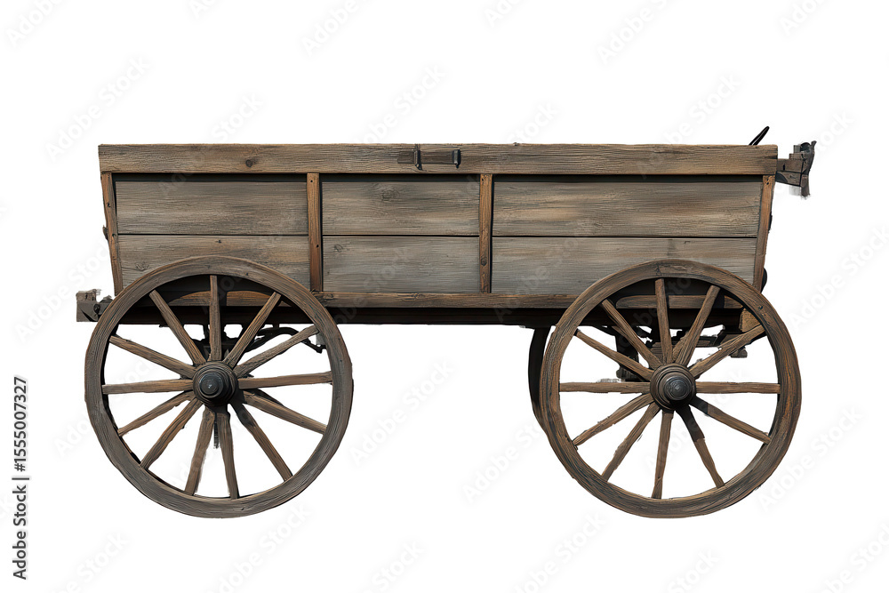 Fototapeta premium Wooden cart with four wheels designed for transporting goods or materials, showcasing vintage craftsmanship and rustic charm, isolated on a transparent background for versatile use