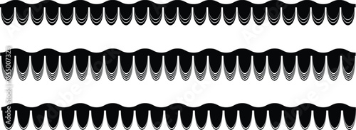 Scalloped edge seamless set. borders and dividers. Simple scalloped border. Repeat cute vintage frill ornament. Texture ribbons. Vector illustration isolated on white background.black	
