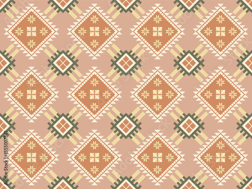 Overlapping geometric patterns create a continuous pattern, a delicate woven motif of Southeast Asian ethnic groups, used in tribal scarves, woven curtains, carpets and contemporary handicrafts.