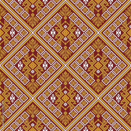 Seamless Ethnic Pixel Fabric Pattern that combines modernity with traditional art. Uses pixel patterns similar to ethnic embroidery patterns. Suitable for textiles, fashion, shawls, curtains wallpaper