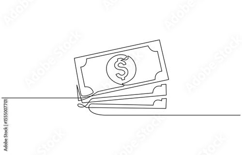 Continuous line, one banknote with dollar symbol in the center, money, financial business illustration, continuous one line art of outline vector drawing.