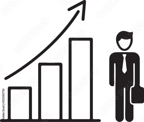 Businessman showing a 3D growth graph with an up arrow illustrating financial market success and achievement
