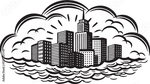 Abstract city in the clouds with a modern urban skyline design, featuring towering skyscrapers and illustrative architecture under a vast sky