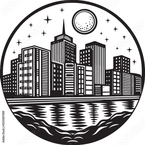 A vibrant vector illustration of a city skyline at night, showcasing urban buildings and towering skyscrapers