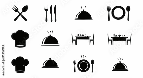 restaurant icons set | Comprehensive set of black silhouette icons representing various dining items, chef hats, and table settings