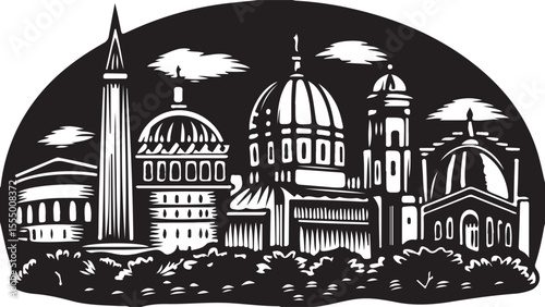 Black and white vector illustration of the Church of the Holy Sepulchre, an iconic architectural landmark and symbol of religion