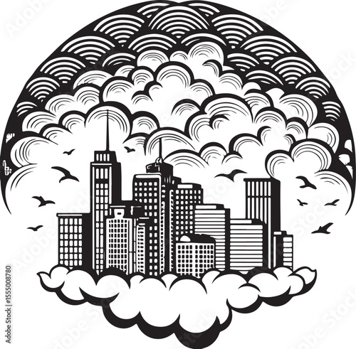 Rainy urban cityscape with skyscrapers and clouds illustrating a cloud computing concept