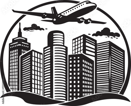 Airplane flying over city skyline buildings, an urban architectural illustration