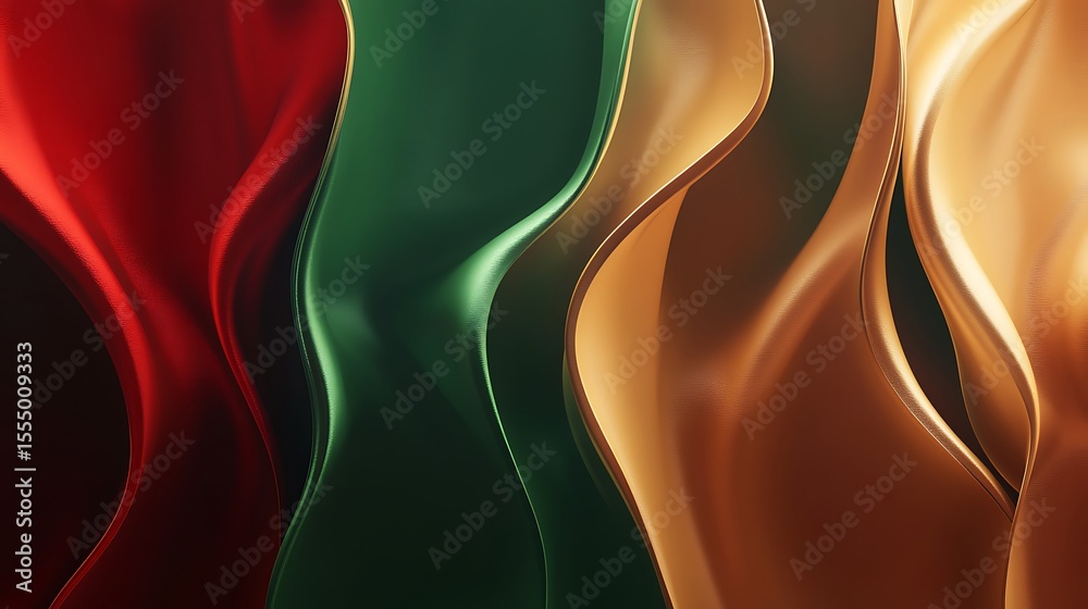 Naklejka premium Abstract flowing shapes in red, green and gold creating a vibrant and dynamic background
