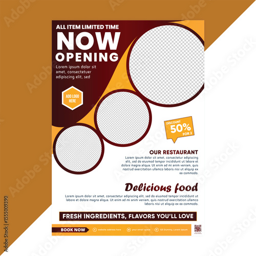 Editable food flyer template designed to highlight bold flavors and signature meals of a restaurant, perfect for menu showcases, culinary marketing, and branding print materials