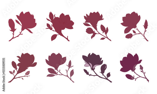 Elegant vector silhouette bundle of 8 magnolia flowers blooming on branches in maroon tones