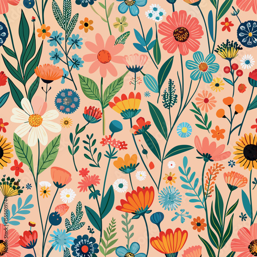 Seamless ditsy floral patterns featuring wild meadow flowers in a delicate, scattered design. Ideal for fabric prints, wallpapers, packaging, and botanical-themed digital art.