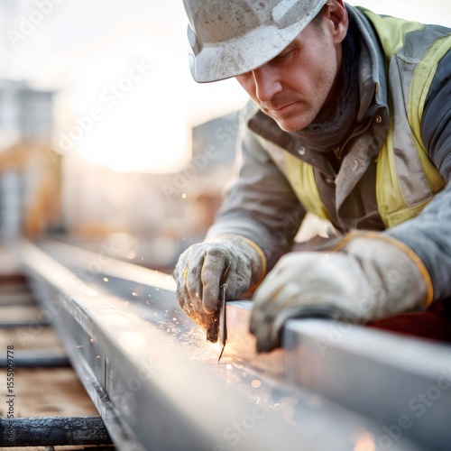 Construction worker welding metal beam on building site at sunset