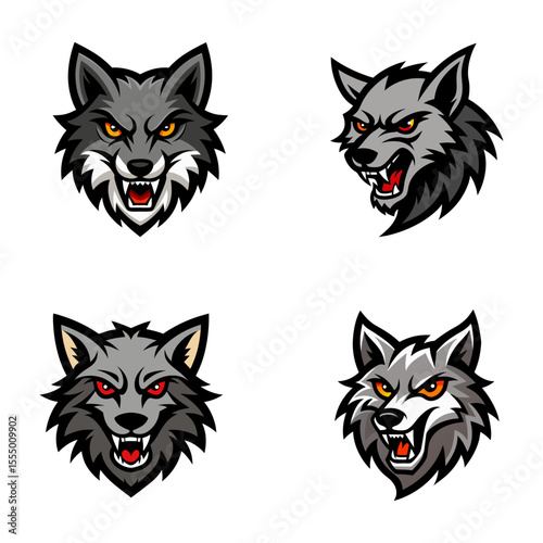 Set of Fierce Wolf Mascot Designs with Aggressive Expressions