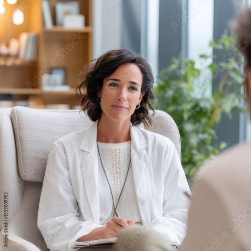 Female psychologist listening to patient and taking notes during therapy session