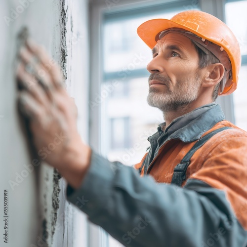 Construction worker plastering wall wearing orange hardhat and work clothes