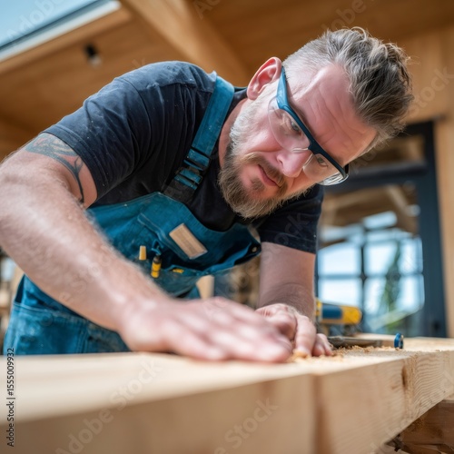 Carpenter working with chisel on wooden plank at construction site