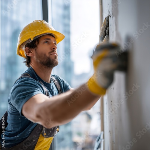 Construction worker plastering wall in building under construction
