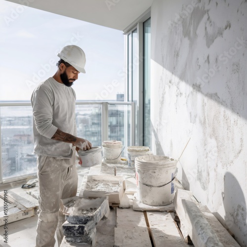 Construction worker preparing plaster on building site balcony