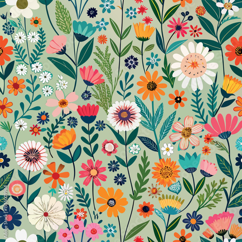 Seamless ditsy floral patterns featuring wild meadow flowers in a delicate, scattered design. Ideal for fabric prints, wallpapers, packaging, and botanical-themed digital art.