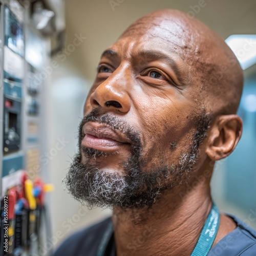 Maintenance technician inspecting electrical panel in hospital setting