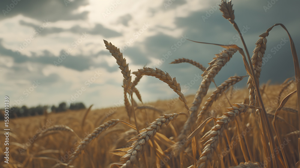 Obraz premium Golden wheat field under dramatic thunderclouds, creating moody atmosphere
