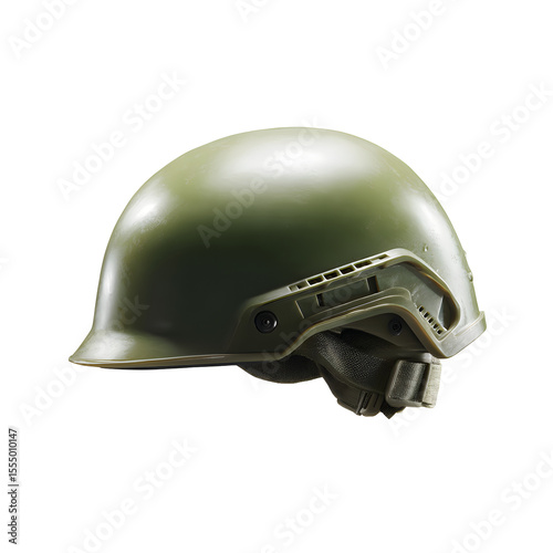 Olive drab military helmet on black background.