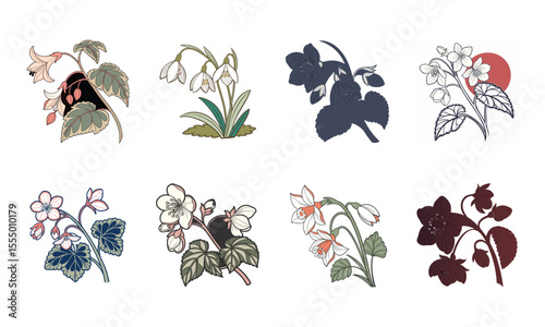 Collection of decorative vector illustrations featuring a bundle of 8 flowers in various botanical arrangements