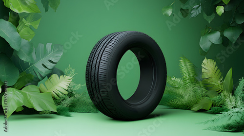 Black tire with eco friendly branding is surrounded by lush green leaves, symbolizing sustainability