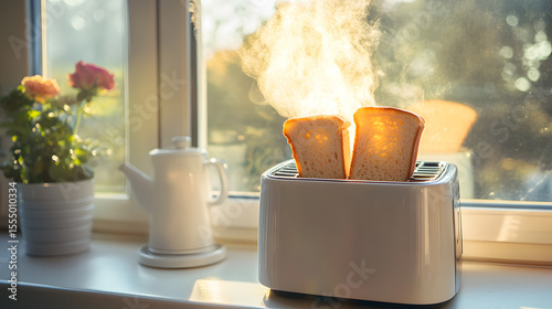 Toaster with bread popping out in morning light, creating cozy kitchen atmosphere