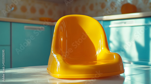 Bright yellow toddler booster seat on dining table in sunlit kitchen