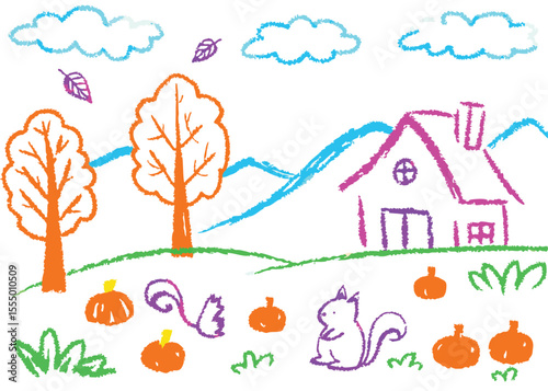 Vector cartoon illustration of an autumn landscape with a house, tree, and falling leaves under a cloudy sky