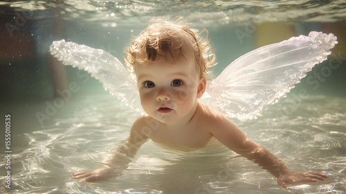 Toddler with swim wings is learning to float in clear water, appearing curious and playful