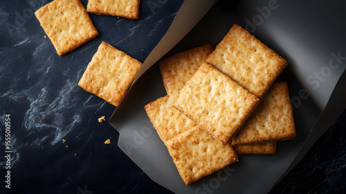 Golden crispy crackers scattered on dark marble surface, partially wrapped in paper, creating rustic and appetizing presentation